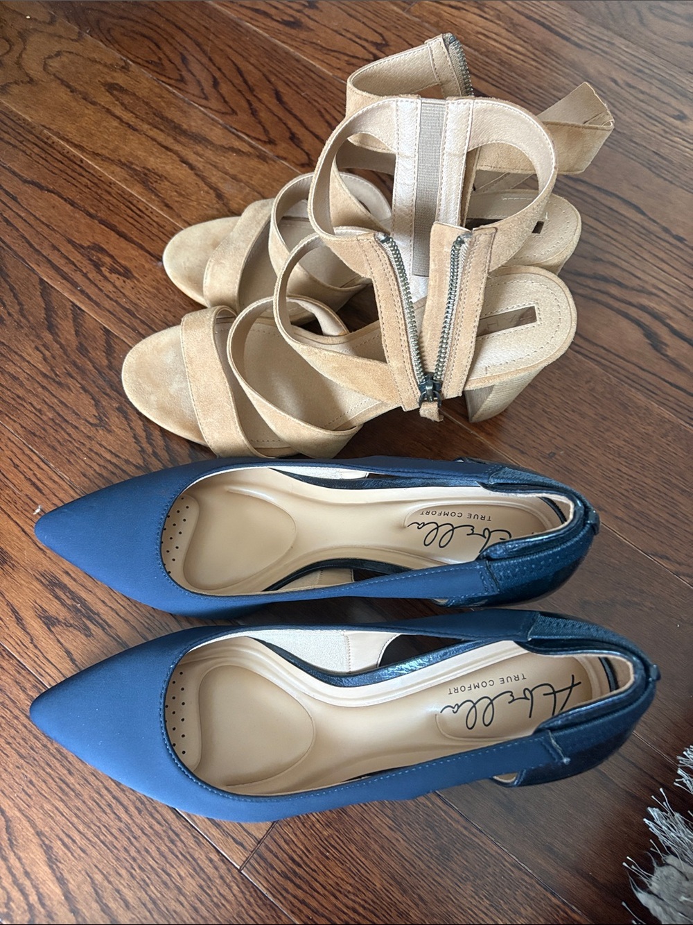 Navy Pointed-Toe Pumps with Tan Strappy Heels